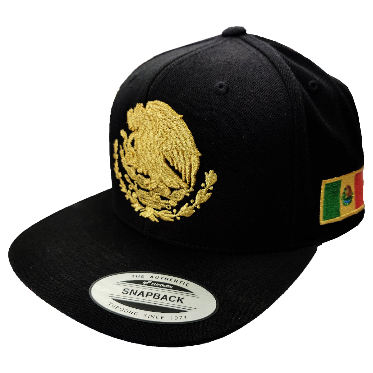 Embroidered Shield and flag SnapBack Mexico Black - Gold Hat
