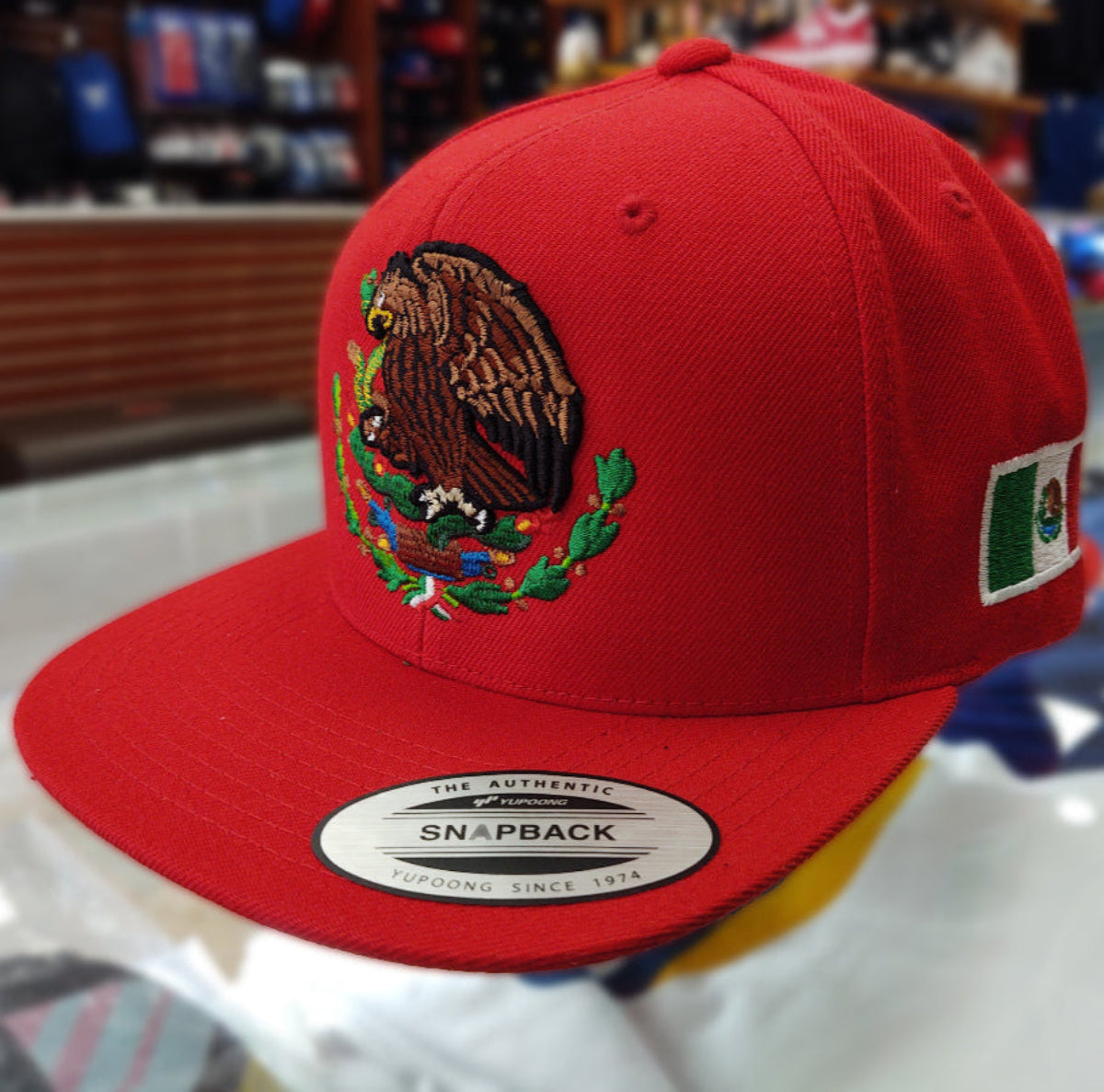 Embroidered Shield and flag SnapBack Mexico Red Hat